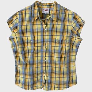 Roper Western Pearl-Snap Plaid Shirt Yellow Women's Large Button-Up Cap-Sleeve